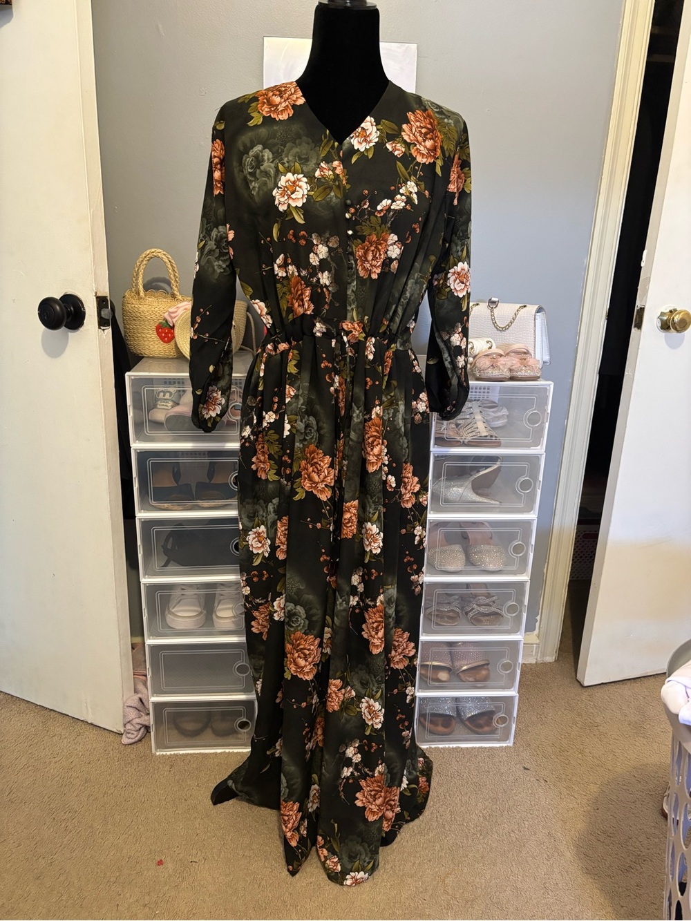 Salwar Kameez Olive Green Floral Maxi Dress